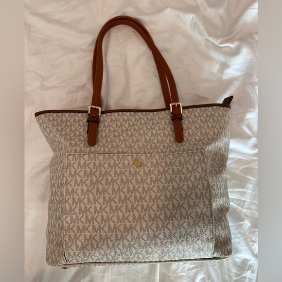 Michael Kors Tan and Brown Monogram Tote - Picture 1 of 12